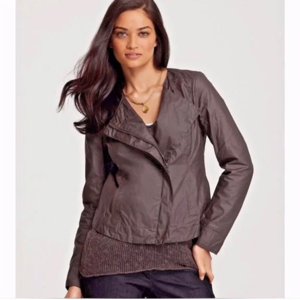 Eileen Fisher Waxed Asymmetrical Zip Up Lightweight Brown Moto Jacket size M